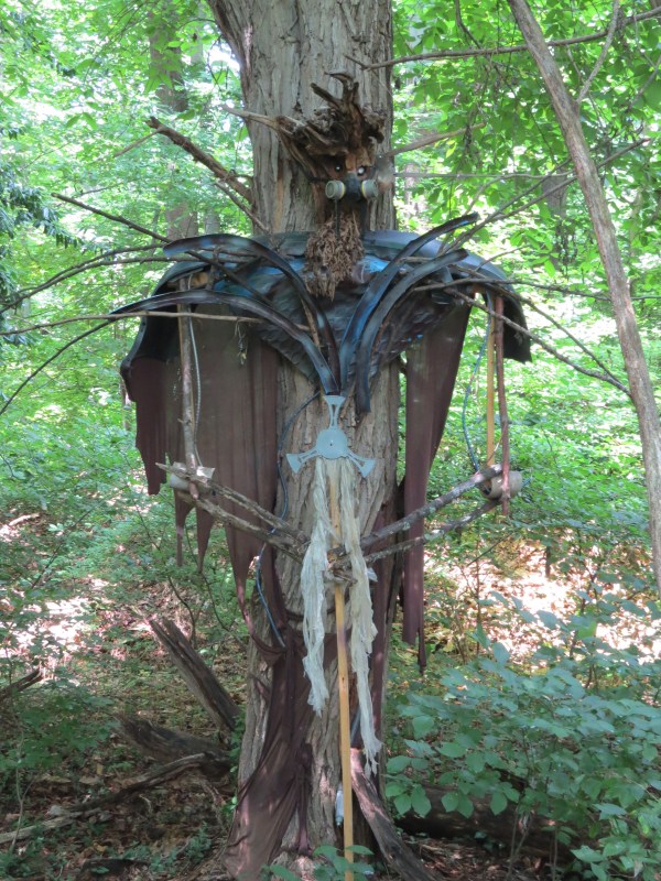 'Tree Herder' sculpture from recycled materials by Paul Rodriguez, found trailside @ Lake Roland, Balt County, Maryland, USA. © 2017 S. D. Stewart